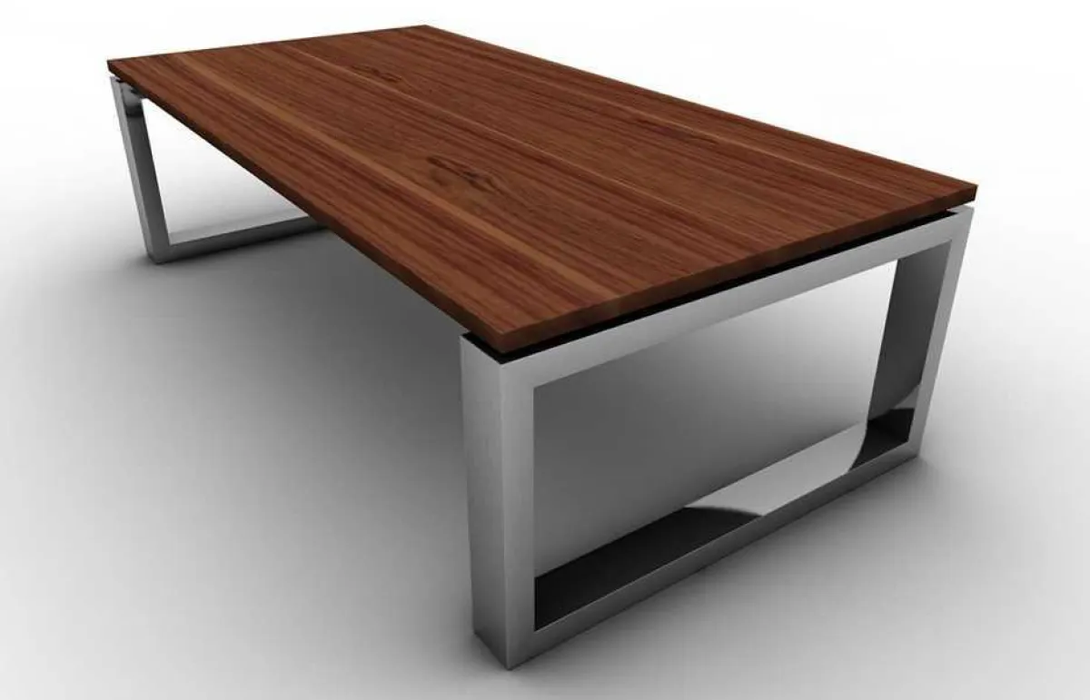 Extravaganter Esstisch Nussbaum mit einer Unterkonstruktion aus gebürstetem Edelstahl. Exklusiv bei Tischfabrik24.de.