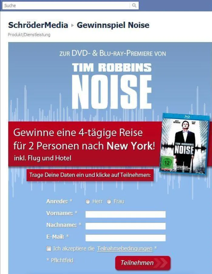 Gewinnspiel-App für SchröderMedia Fanpage (Ausschnitt)