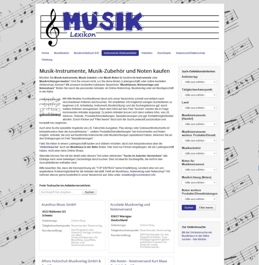 Mittels relativ einfacher Auswahlkriterien (Drop-down-Menü in rechter Spalte) lassen sich in kürzest (© www.Musiklexikon.info)