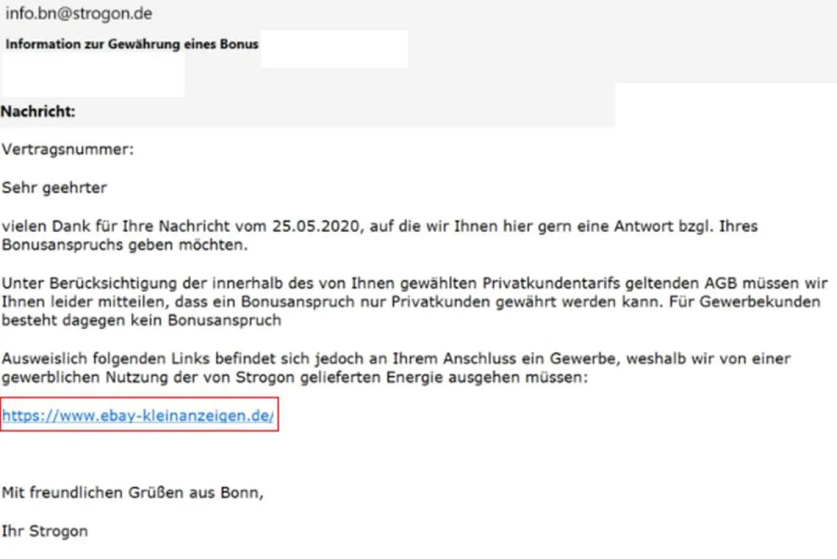 Strogons E-Mail mit Link zu eBay Kleinanzeigen als Beweisführung. (Screenshot: Wechselpilot)