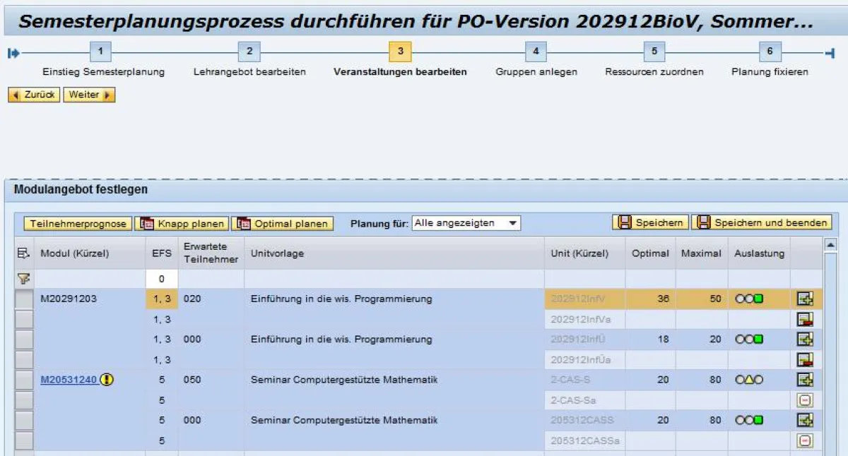 Screenshot Digitaler Campus: Semesterplanung. Quelle: FH Frankfurt am Main
