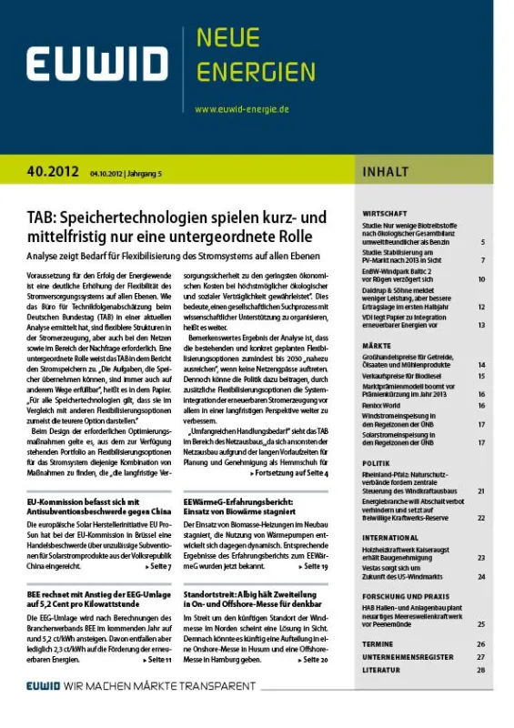 EUWID Neue Energien 40/2012 ist am 4. Oktober 2012 erschienen