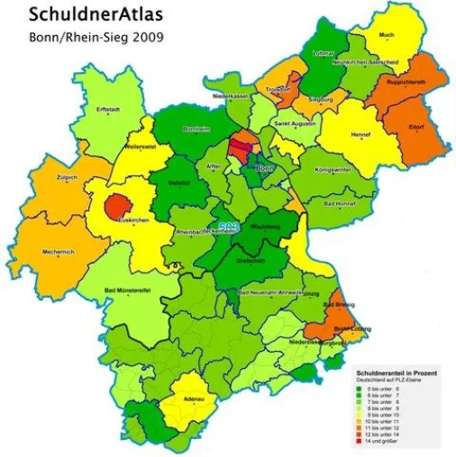 Schuldnerquoten 2009 in Bonn/Rhein-Sieg stärker als im Bundes- und Landesdurchschnitt gesunken Bild: Schuldnerquoten 2009 in Bonn/Rhein-Sieg stärker als im Bundes- und Landesdurchschnitt gesunken