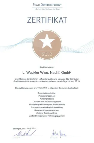 Bild: Star Distribution verleiht Wackler Gold-Zertifikat bei erstem Audit