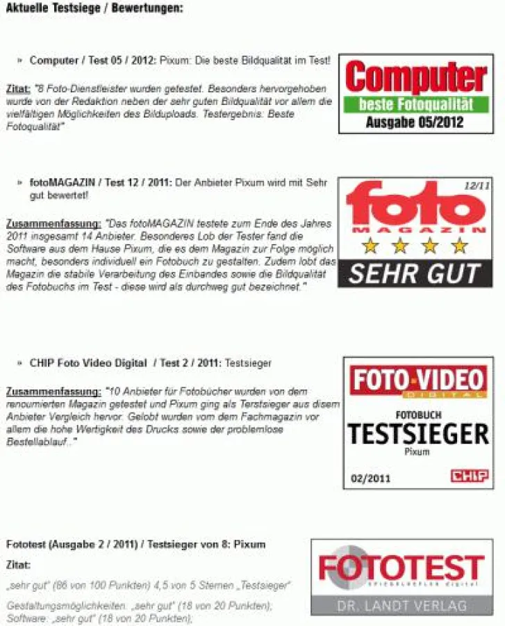 Ab sofort werden auch Testergebnisse vieler anderer Magazine auf www.fotobuch-anbieter.com gelistet!