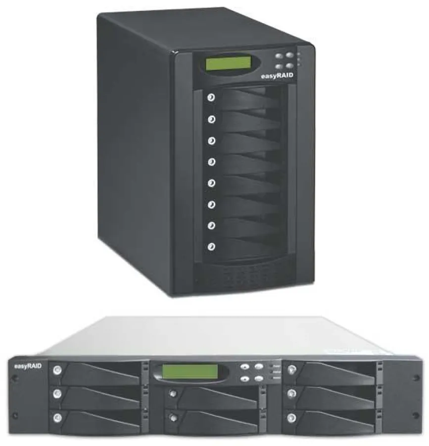 Abbildung der easyRAID Systeme ER-S8A2-U4TT Tower und ER-S8A2-U4R2 Rackmount. RAID Systeme für bis zu 8x SATA II Festplatten mit RAID Level Triple Parity und RAID Level 6
