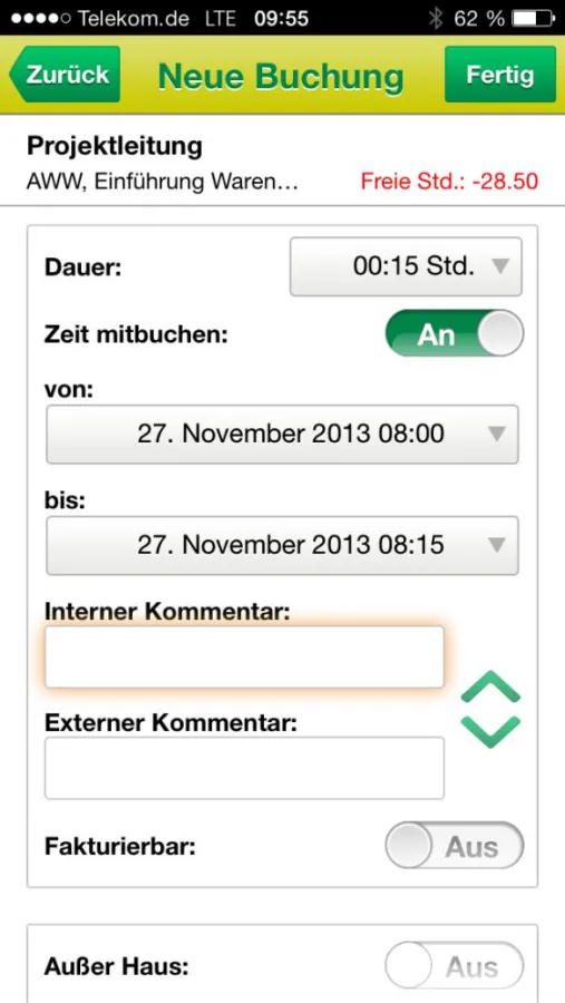 Anlegen einer neuen Buchung mit aufblendbarem Dialog für Kommentare.