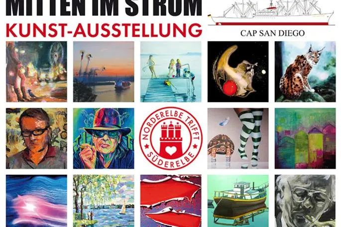 Kunstausstellung MITTEN IM STROM - Hamburger Künstlergruppe NORDERELBE TRIFFT SÜDERELBE auf der Cap San Diego Bild: Kunstausstellung MITTEN IM STROM - Hamburger Künstlergruppe NORDERELBE TRIFFT SÜDERELBE auf der Cap San Diego