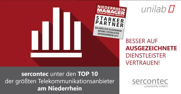 Bild: sercontec als TOP 8 der größten Telekommunikationsanbieter am Niederrhein ausgezeichnet