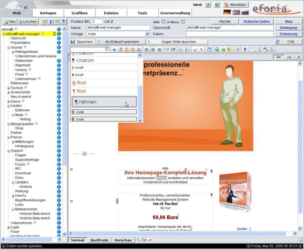 Screenshot: Der AJAX-WYSIWYG-Editor von eforia web manager 4