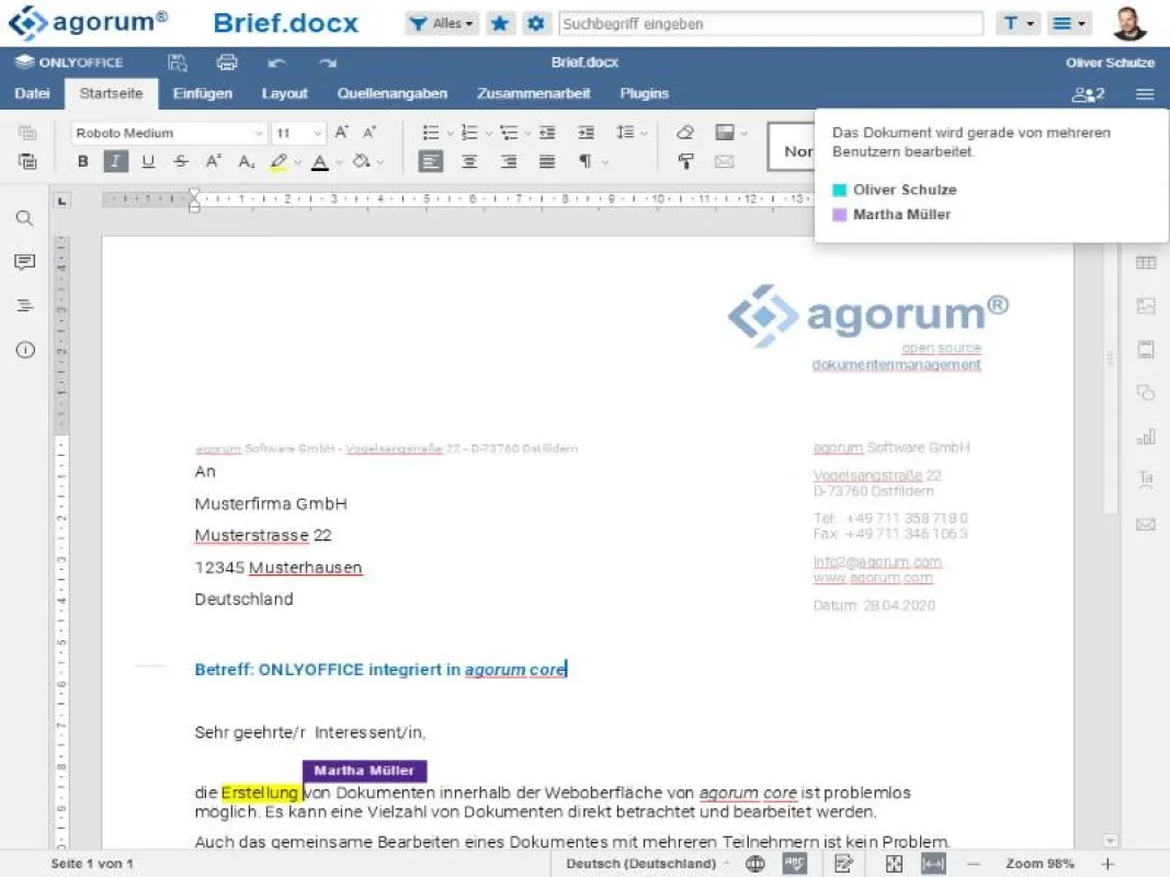 Benutzeroberfläche der webbasierten Digitalisierungsplattform agorum core