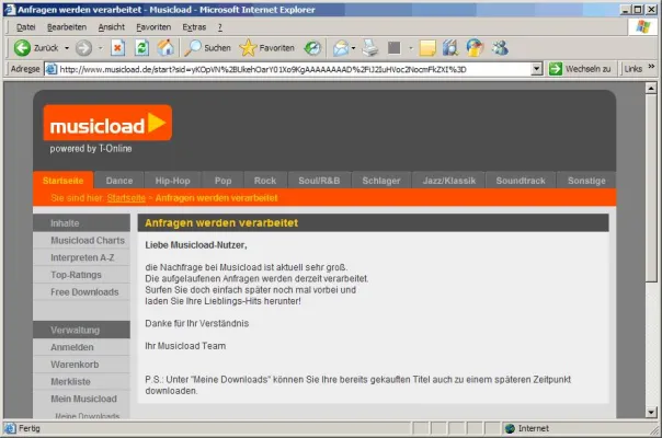 Bild: PR-Desaster bei musicload.de - Musikportal von T-Online versagt zum Geburtstag weitgehend den Dienst