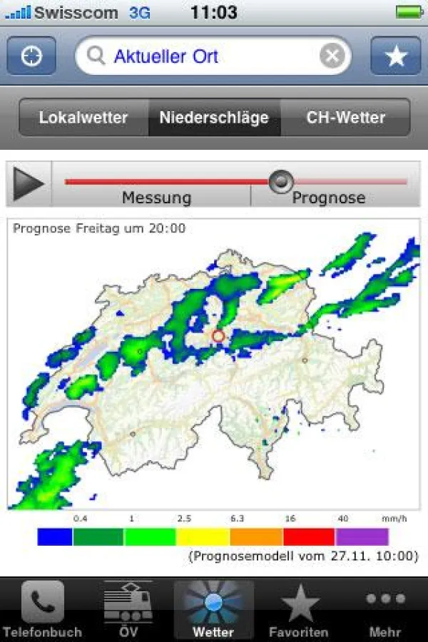 Screenshot Anzeige Regenradar search.ch iApp