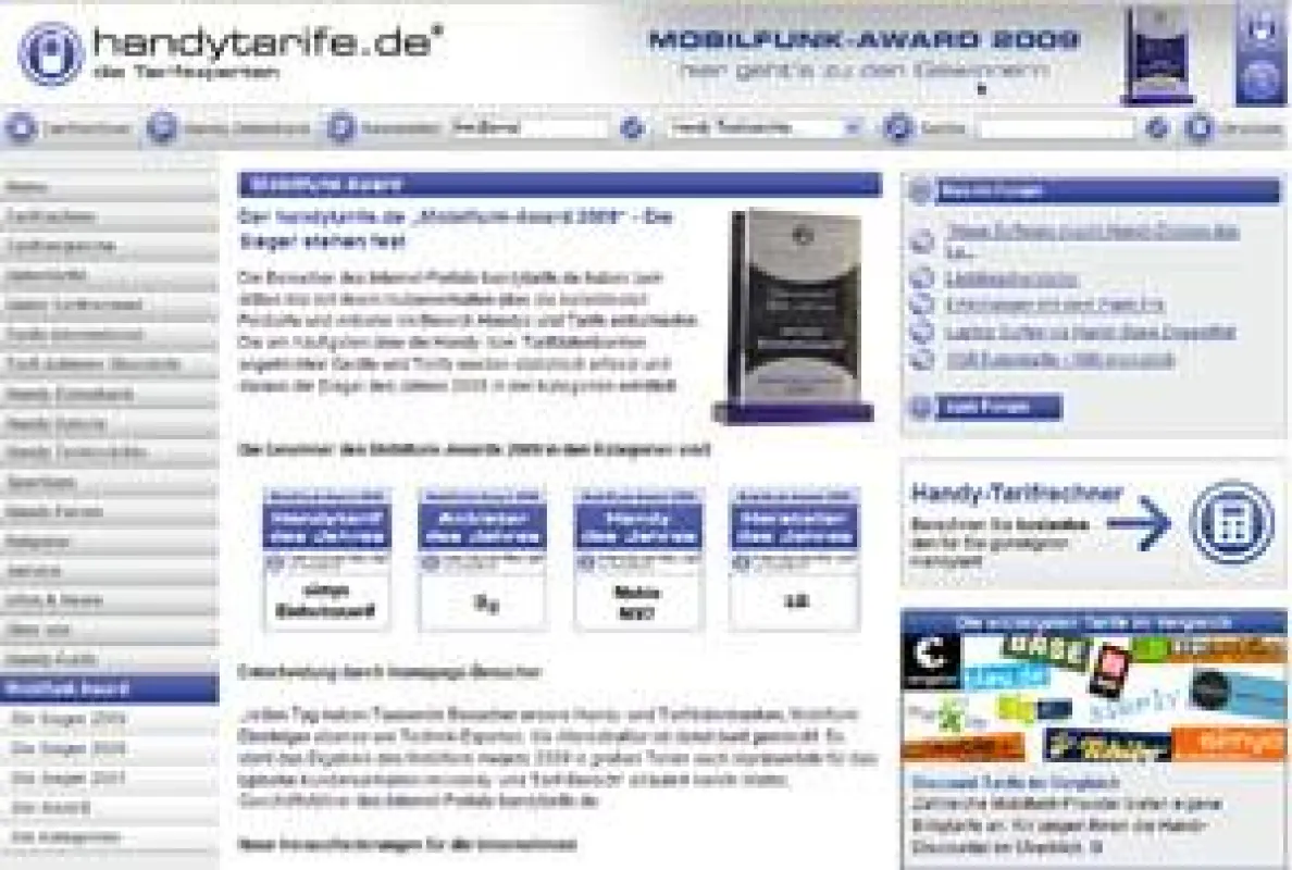 Mobilfunk-Award 2009: handytarife.de kürt wieder die besten Tarife und Handys