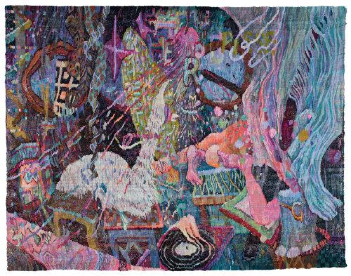 Kata Unger: Die Slomotionbar im Zwischendeck, 2014, Bildteppich, Wolle auf Wolle, 200 x 264 cm, Foto