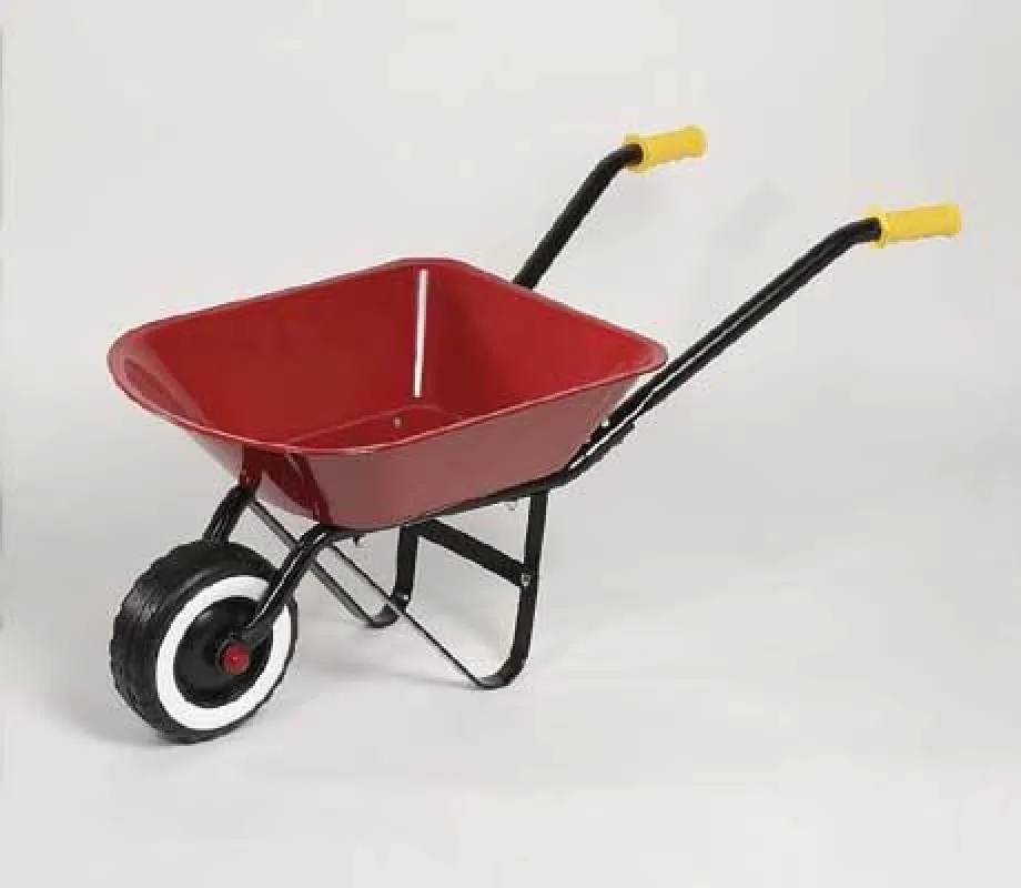 Schubkarre für Kinder mit rot lackierter Metallwanne und gelben Griffen