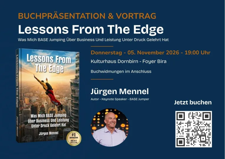 Jürgen Mennel zeigt in Dornbirn, was ein Sprung ins Nichts über Business und Leistung unter Druck lehrt Bild: Jürgen Mennel zeigt in Dornbirn, was ein Sprung ins Nichts über Business und Leistung unter Druck lehrt