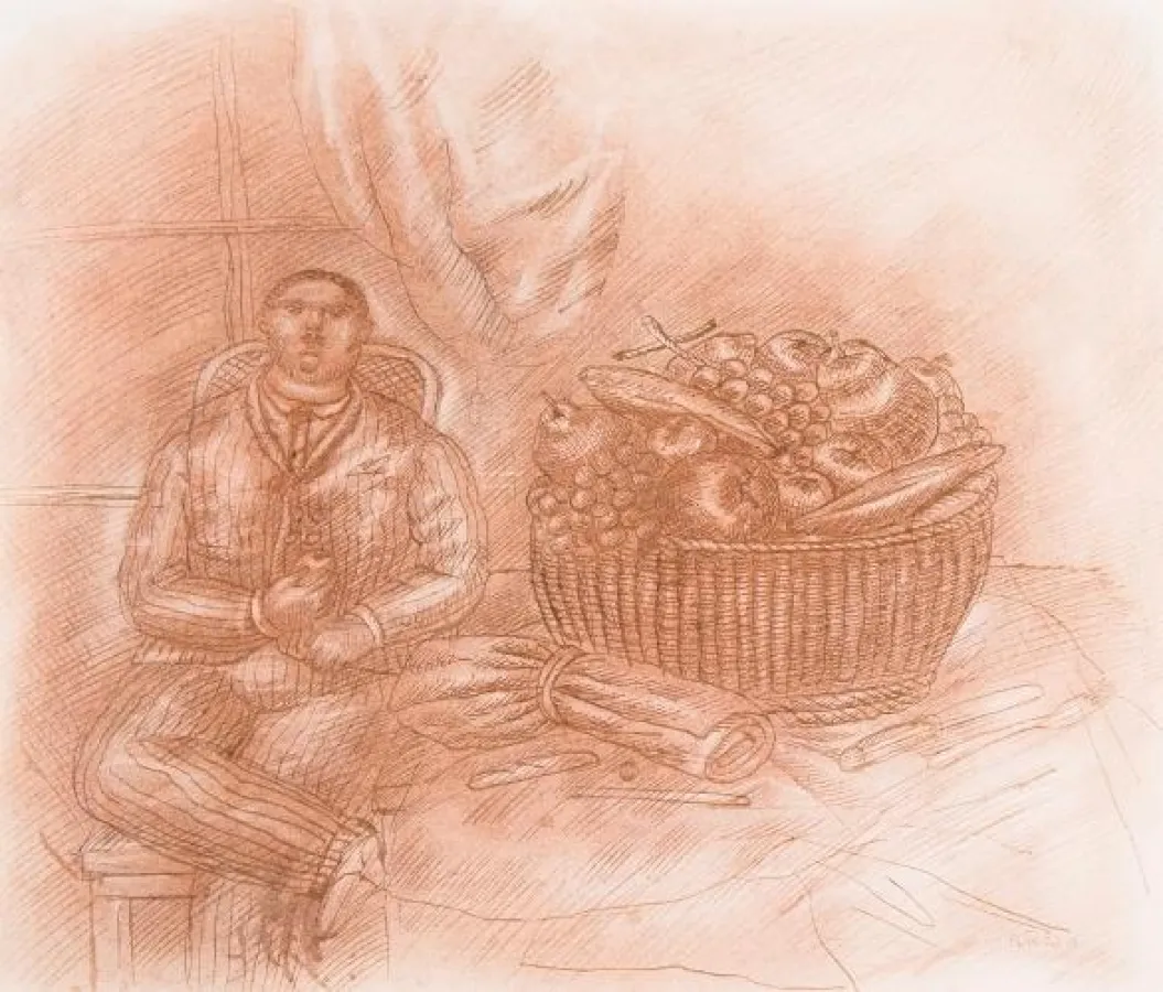 Fernando Botero: Homme et corbeille de fruits Sanguine. 1971. 34,5 x 40,7 cm