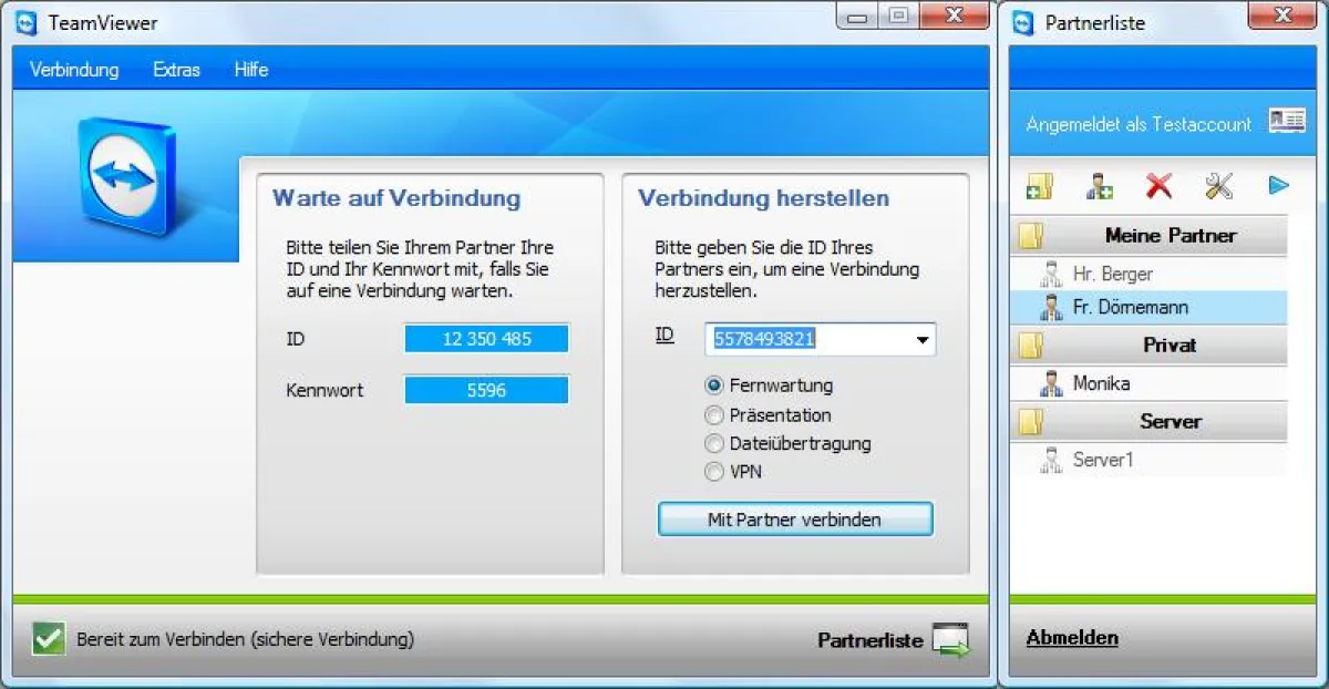 Screenshot TeamViewer 4 mit Partnerliste (www.teamviewer.com)