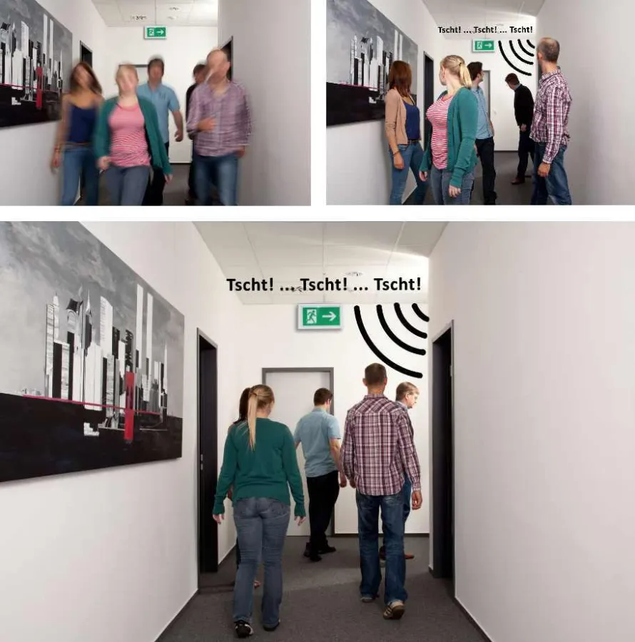 Im Alarmfall ermöglicht hearfind® das schnelle Hören und Finden des nächstgelegenen Fluchtweges