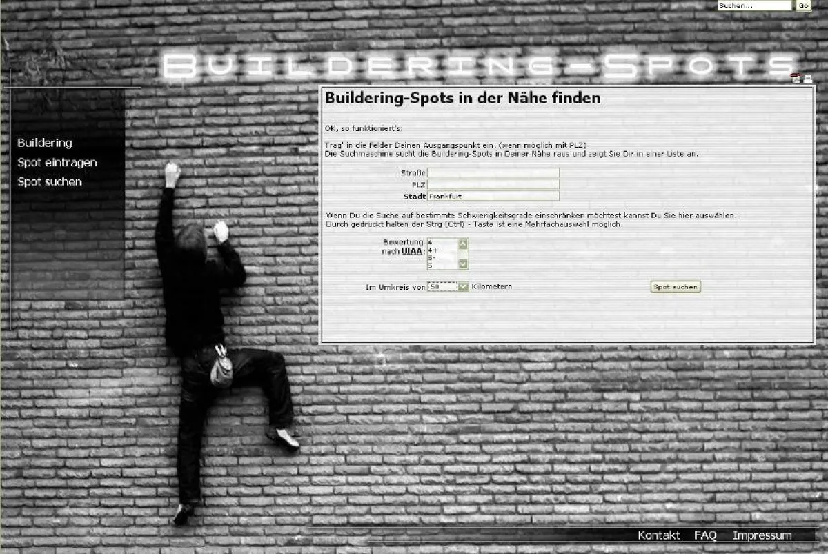 Zentrale Funktion der Buildering-Spots.de Datenbank ist die unkomplizierte Suchmaske.