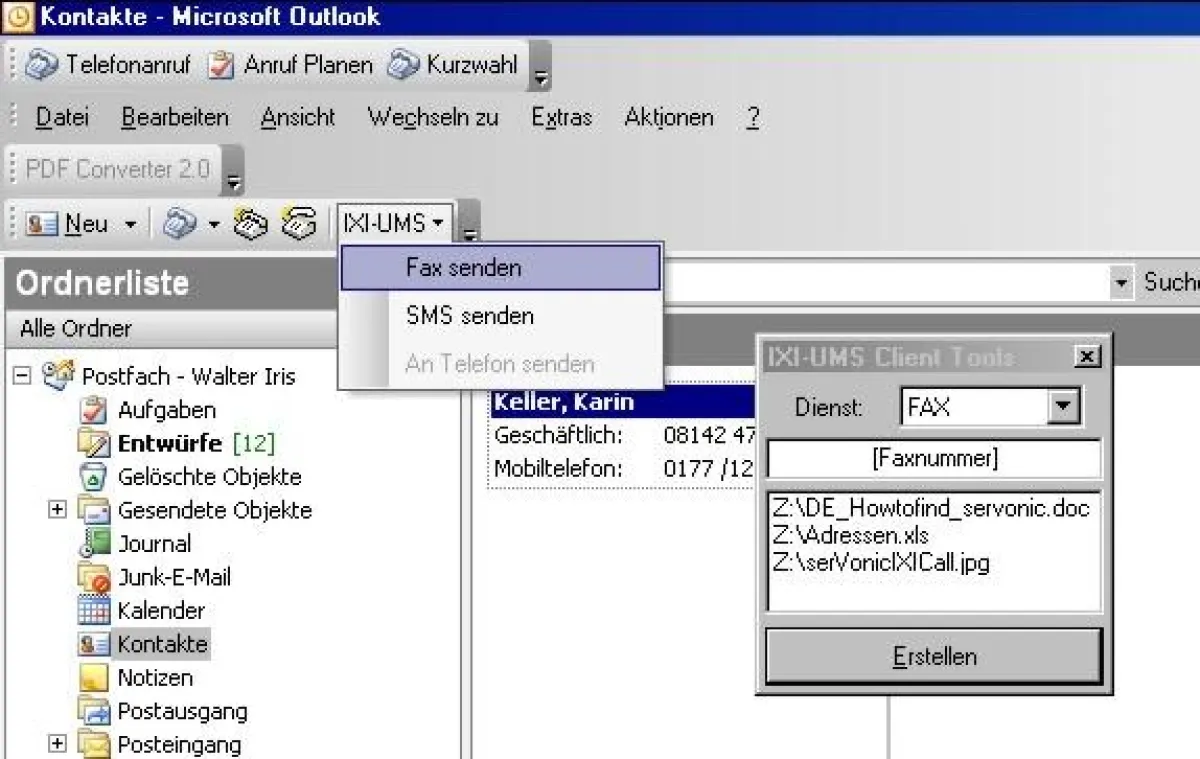 Komfort für Thin Clients: UM-Nachrichten können mit IXI-UMS direkt aus Microsoft Outlook Kontakten oder der Sammelbox versendet werden