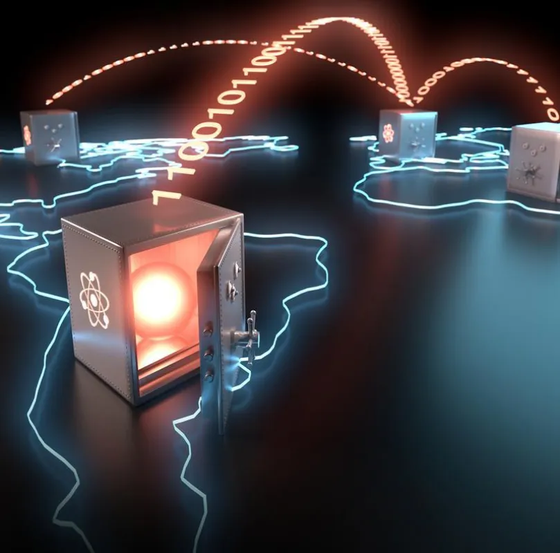 Künstlerische Darstellung der globalen Teleportation von Quantenbits. (Grafik: Christoph Hohmann, Nanosystems Initiative Munich (NIM))