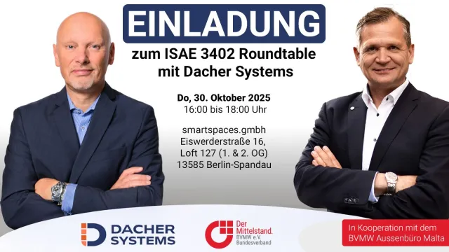 BVMW Malta Round Table: Dacher Systems zeigt praxisnahe Wege zu IT-Compliance & Audit-Zertifizierung Bild: BVMW Malta Round Table: Dacher Systems zeigt praxisnahe Wege zu IT-Compliance & Audit-Zertifizierung