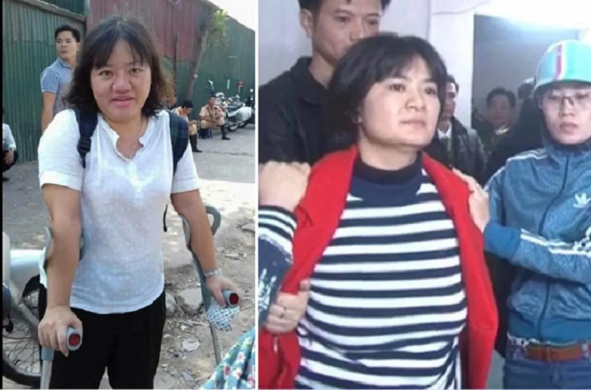 Pham Doan Trang mit Gehstock (links) und Tran Thi Nga bei ihrer Festnahme