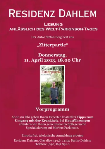Parkinson-Fachtag / Lesung Stefan Berg am 11. April in der Residenz Dahlem Bild: Parkinson-Fachtag / Lesung Stefan Berg am 11. April in der Residenz Dahlem