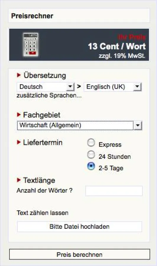 Übersetzungsbüro TypeTime - Preisrechner