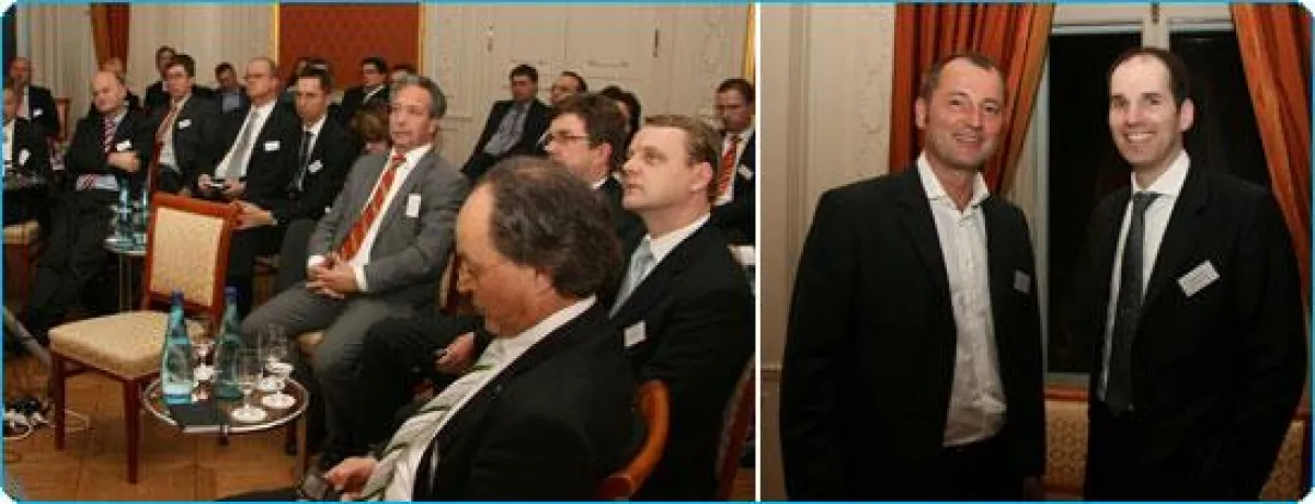 Links: Pratz‘ Ausführungen stießen bei den Zuhörern auf fruchtbaren Boden.  Rechts: easycash Geschäftsführer Marcus W. Mosen (links) und der Referent Andreas Pratz.