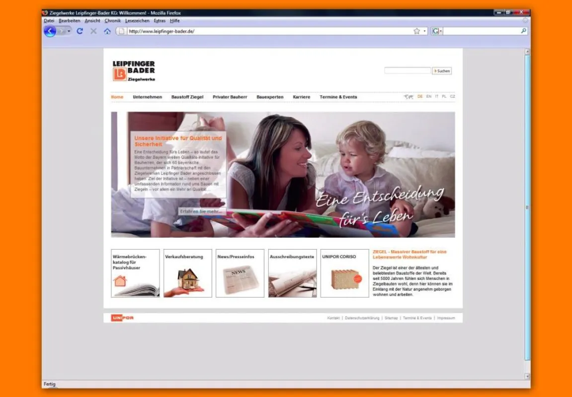 Relaunch: Die veränderte Homepage der Ziegelwerke Leipfinger-Bader präsentiert sich im neuen Design und mit einer Vielzahl von nützlichen Informationen - sowohl für Fachleute als auch für private Bauh