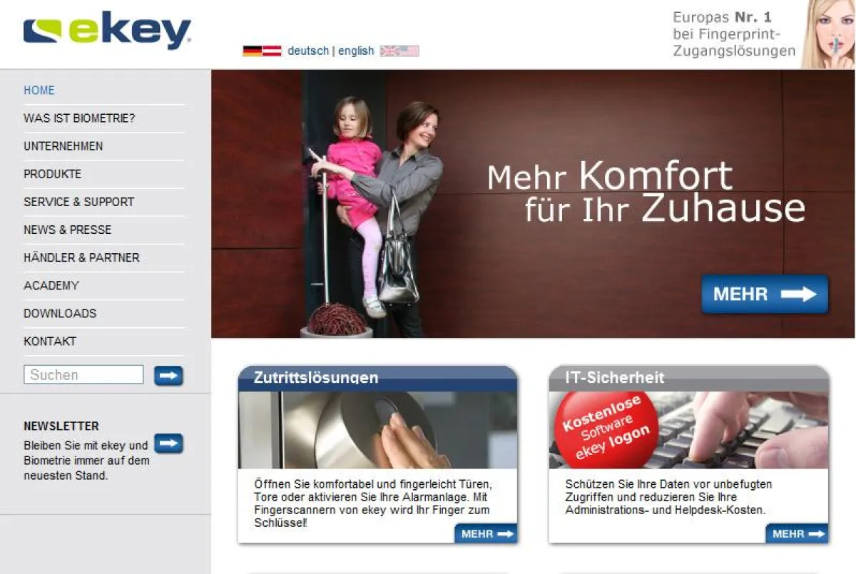Die neue Homepage www.ekey.net punktet mit übersichtlicher Struktur und klaren Linien.