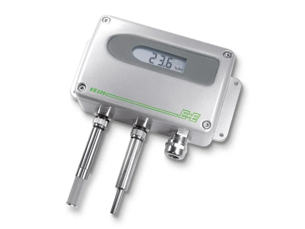 EE220 im Metallgehäuse mit separaten Messfühlern für Feuchte und Temperatur.