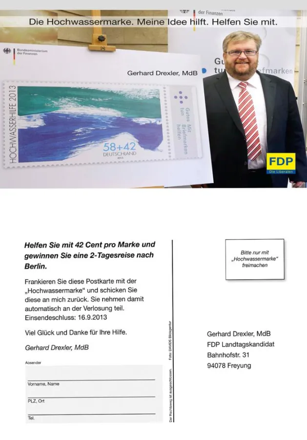 Spende über Sondermarke: FDP-MdB Gerhard Drexler hat 100.000-Postkarten-Aktion initiiert. F: DAVIDS