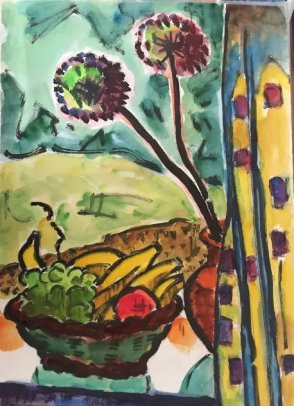 K. Schmidt-Rottluff, Stillleben mit Südfrüchten und Pusteblume, Aquarell, ca. 80 x 60 cm