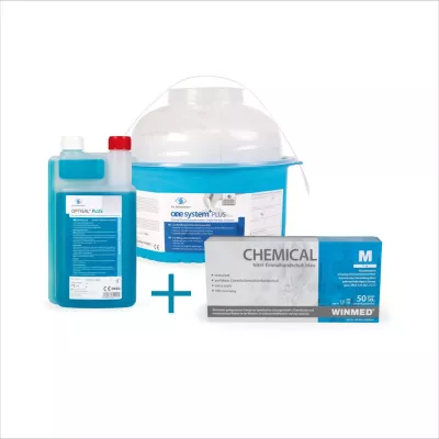 Bild: Dr. Schumacher präsentiert das hygienische Trio zur Flächendesinfektion