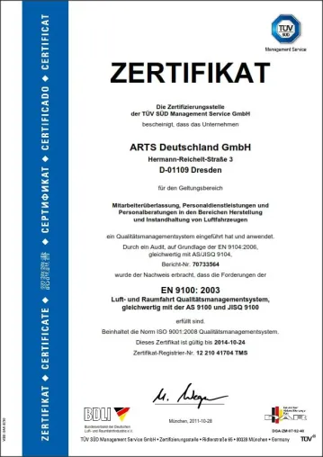 ARTS Deutschland GmbH – ab sofort EN 9100 zertifiziert Bild: ARTS Deutschland GmbH – ab sofort EN 9100 zertifiziert