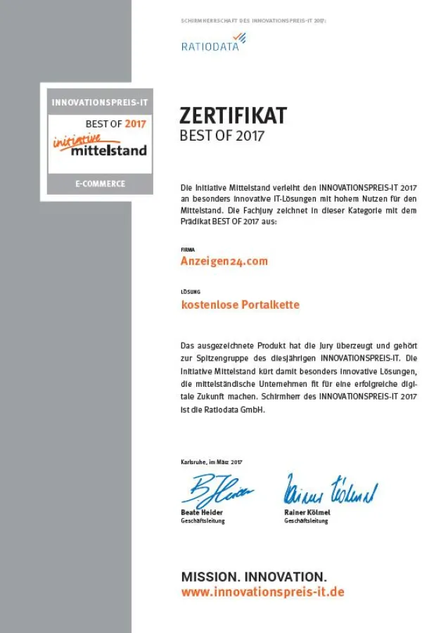 BEST OF 2017 im Bereich E-Commerce für Anzeigen24.com