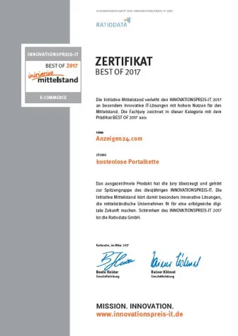 Bild: Auszeichnung für Anzeigen24.com mit dem BEST OF 2017 Zertifikat