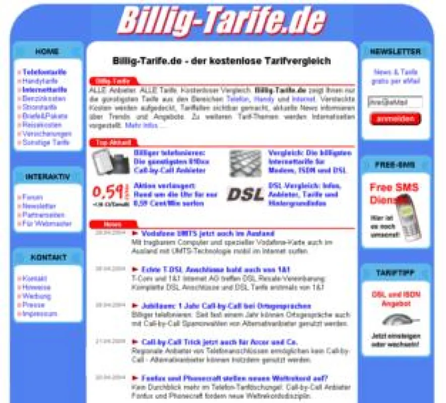 Screenshot Billig-Tarife.de Startseite