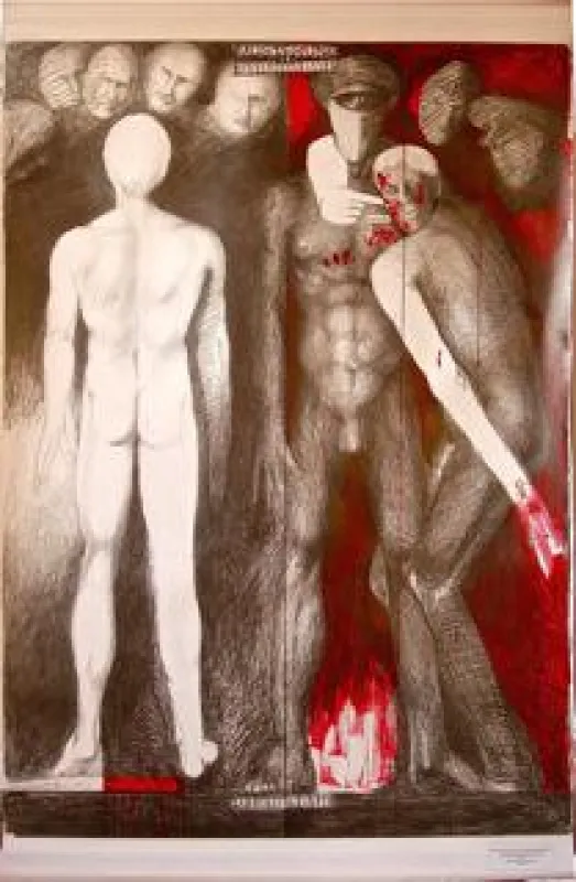 Musterung der Schmerzensmänner, 2003, Graphitstift, Plakatfarbe, Computerdrucke, 200 x 150 cm