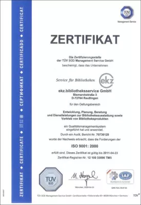 ekz-Bibliotheksausstattung erfolgreich nach ISO 9001:2000 zertifiziert Bild: ekz-Bibliotheksausstattung erfolgreich nach ISO 9001:2000 zertifiziert