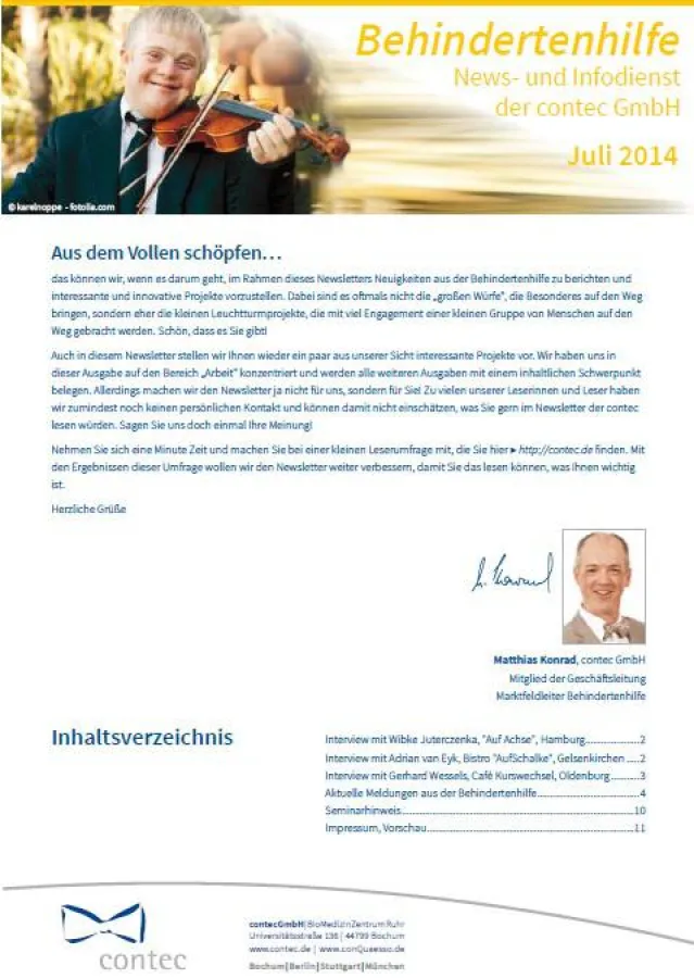 Juli-Ausgabe des contec-Newsletters der Behindertenhilfe