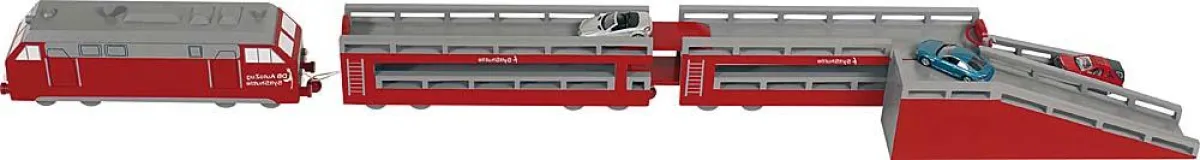 Drei Spritzguss-Autos inklusive - damit das Spielvergnügen sofort beginnen kann. Auch  die beiden Auffahrtrampen zu den Decks des Sylt-Shuttle sind im Paket enthalten.