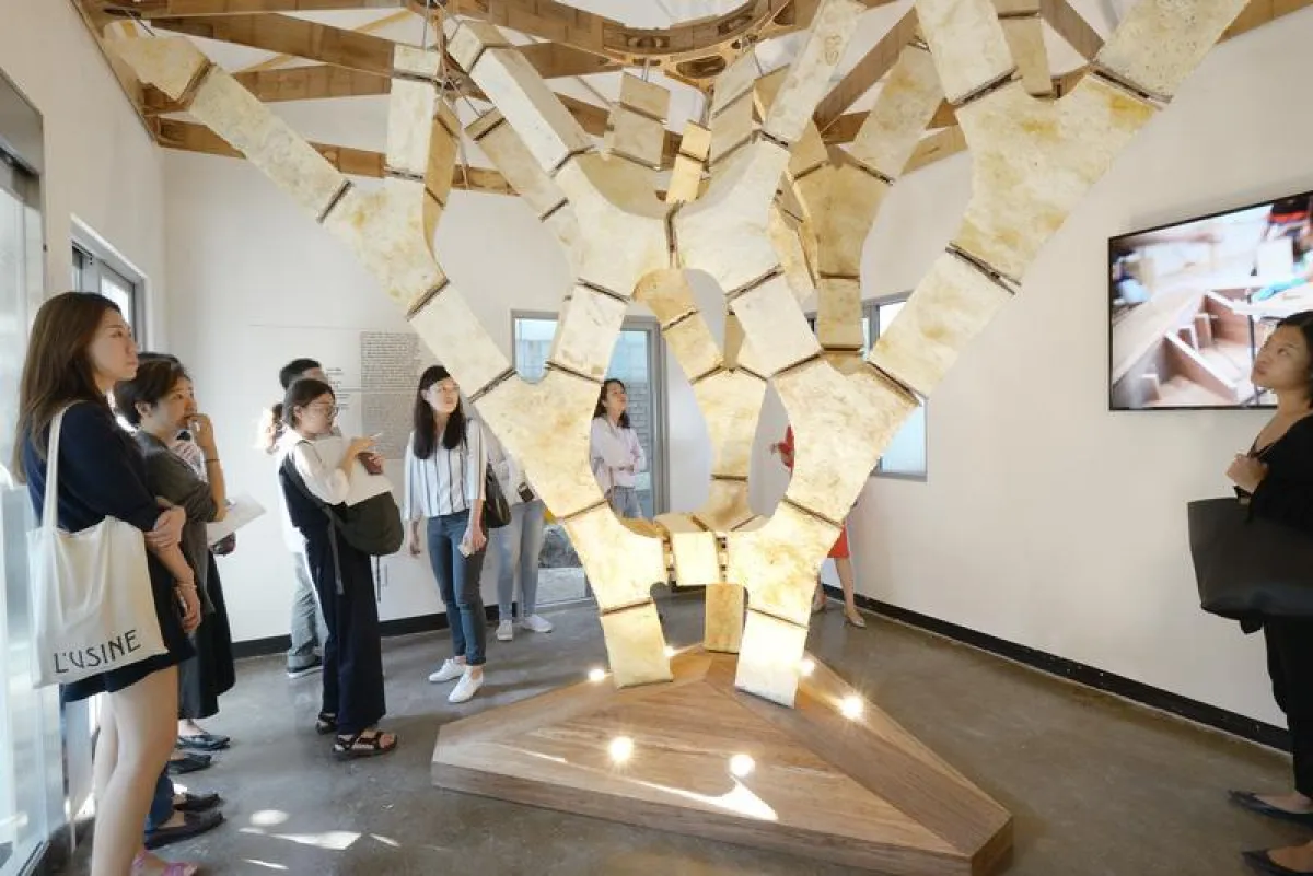 Der „MycoTree“, eine Struktur aus Pilzmyzelium und Bambus. Die Geometrie wurde mit Methoden grafischer Statik in 3D optimiert und tragfähig gemacht. (Foto: Carlina Teteris)