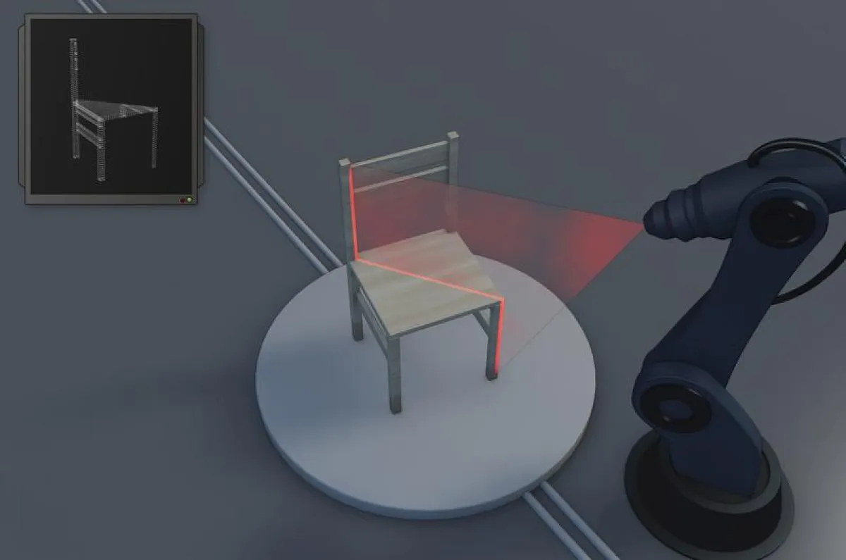 Graphische schematische Darstellung des 3D-Scans am Beispiel eines Stuhls. (© Fraunhofer ITWM)