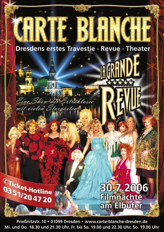 die Revue Carte Blanche mit ihrer Chefin Zora Schwarz und alle eingeladenen internationalen Stargäste der Travestie freuen sich auf einen unvergesslichen Abend zum Open Air an den Filnächten am Elbufe