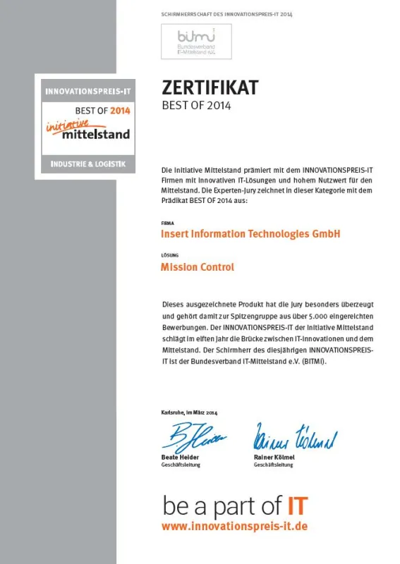 Auszeichnung der Logistik-Software Mission Control durch die Initiative Mittelstand